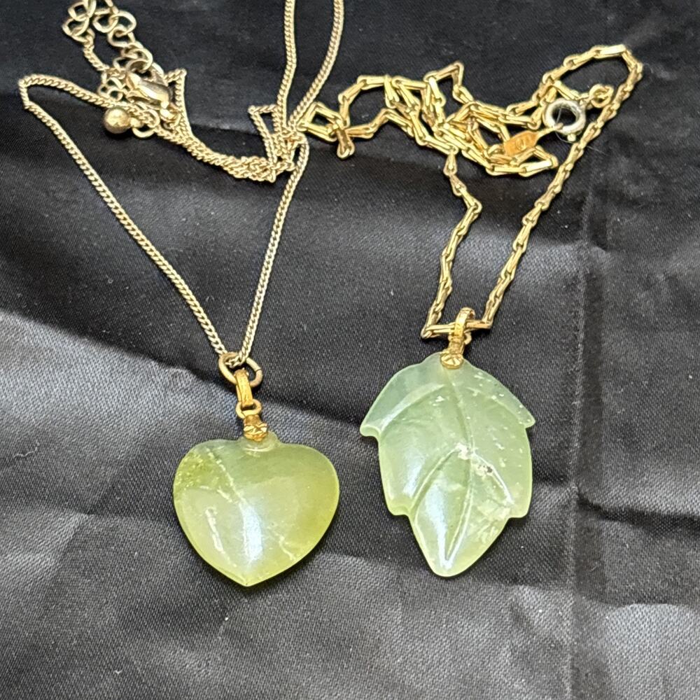 2 Vintage necklace/pendant, carved jade Leaf & Heart on gold tone chain 1”&1.5”